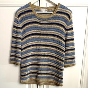 Spanner Sz Medium Crew Neck 3/4 Sleeve Blue Cream, Tan Stripe Loose Knit Sweater